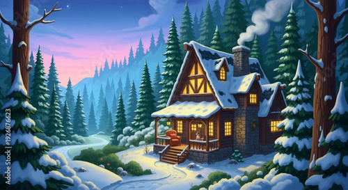 A cozy, snow-covered cabin nestled in a serene winter forest at dusk, with smoke gently rising from its chimney.