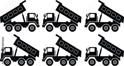 Dump Truck Silhouettes Collection with Raised Bed Isolated on White Background Construction Vehicle Vector Illustration Set