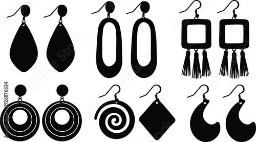 Earrings Silhouettes Collection with Geometric and Tassel Designs Isolated on White Background Fashion Jewelry Vector Set
