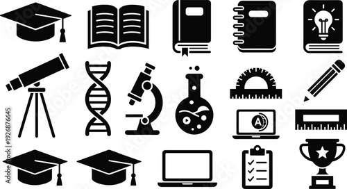 Education Icons Set with Graduation Cap Books Microscope and Science Symbols Vector Illustration Collection for School Learning Design