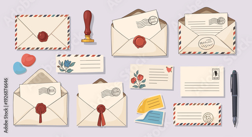 Vintage stationery set including handwritten letters with wax seals ink stamps envelopes and a black pen for classic correspondence.