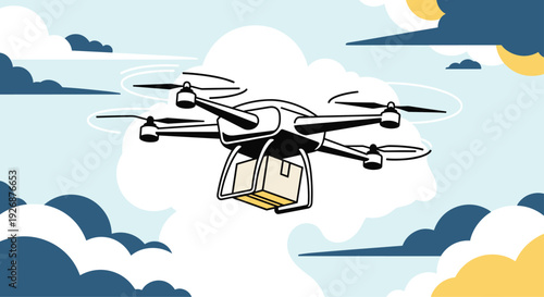 Modern delivery drone transporting a cardboard package through a sky filled with soft white clouds for fast logistics concepts.