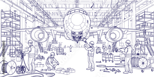 Aerospace Aircraft Manufacturing Hangar Interior Line Art with Engineers Assembling Airplane Structure, Aviation Production Plant, Industrial Engineering Facility, Technical Workshop Vector Illustrati