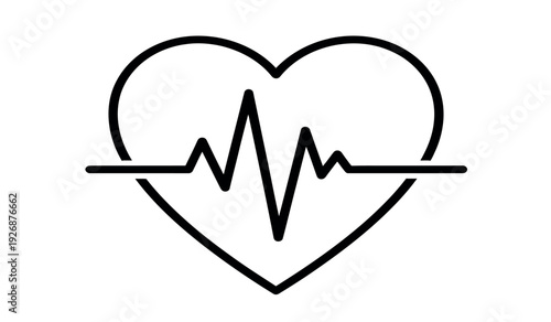 Black line drawing of a heart with an ecg heartbeat line through it