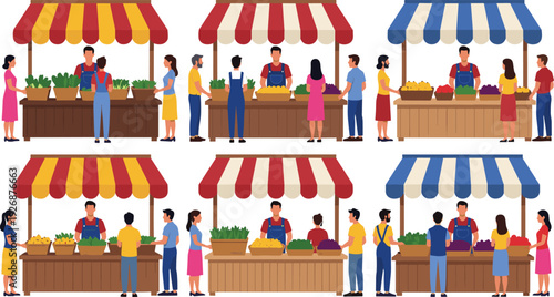 Farmers Market Stalls with Fresh Organic Produce and People Shopping at Outdoor Street Food Market Vector Illustration Collection Set