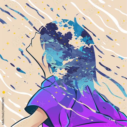 Girl with ocean waves in her mind