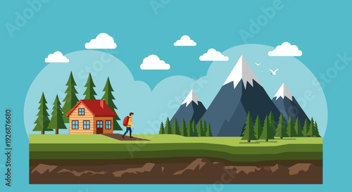 A lone hiker with a backpack walks away from a cozy house towards majestic snow-capped mountains under a bright blue sky with fluffy clouds.