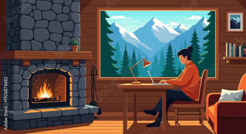 A person working on a laptop in a cozy cabin with a fireplace and a scenic mountain view.