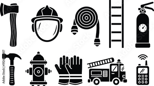 Firefighter Equipment Icons Set Including Helmet Axe Hose Ladder and Fire Truck Vector Illustration Collection