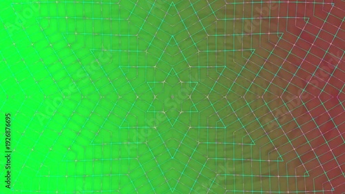 Geometric pattern of green and red chevrons with white grid lines on a digital background