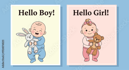 Set of baby shower announcement cards for a boy and girl featuring cute infants holding a rabbit and teddy bear toy.