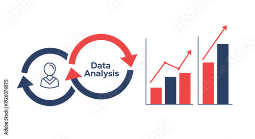 Business data analysis concept showing a person icon with circular arrows and rising bar charts for financial growth tracking.