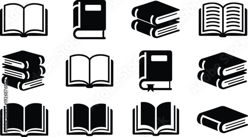 Open and Closed Book Silhouettes Collection Isolated on White Background Education Library Vector Illustration Set