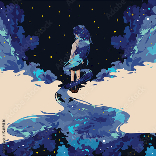 Girl stands alone amongst the starry sky