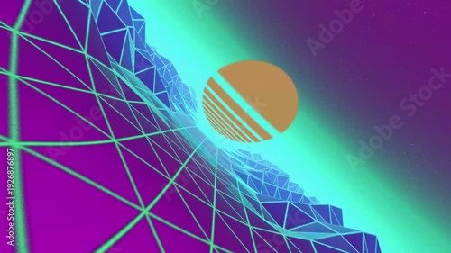Digital artwork of a neon-lit geometric structure with a metallic sphere on a purple background with green accents
