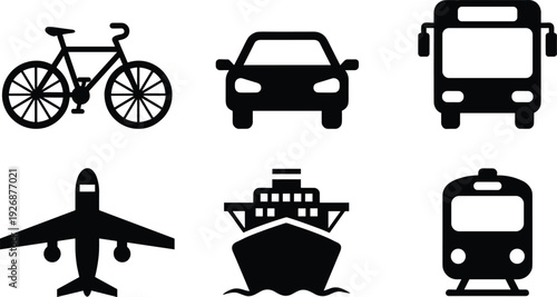 Transportation Icons Set Including Bicycle Car Bus Airplane Ship and Train Isolated on White Background Vector Illustration