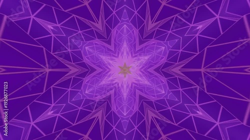 Symmetrical purple geometric pattern with a flower-like design on a solid purple background.
