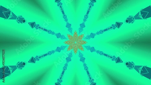 Vibrant green kaleidoscope pattern with blue and gold accents radiating outward