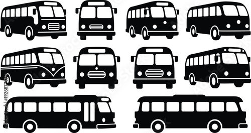 Vintage Bus Silhouettes Collection Isolated on White Background Retro Public Transport Vector Illustration Set