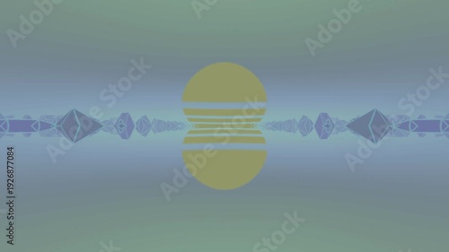 Abstract graphic design of a yellow circle with horizontal lines and symmetrical blue shapes on a gradient green background