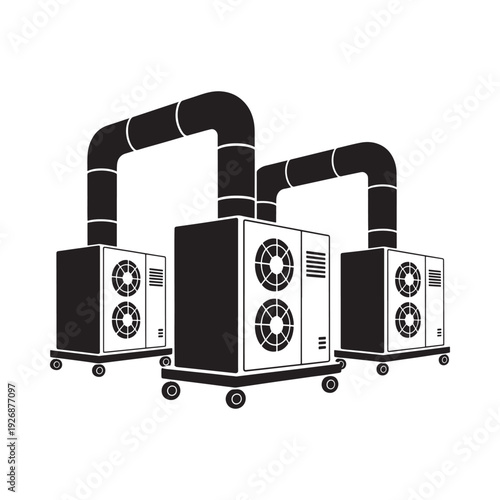 Black and white illustration of industrial air conditioning units with ductwork