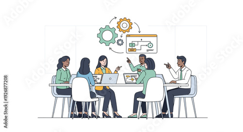 Diverse team collaborating on a project at a modern office table.