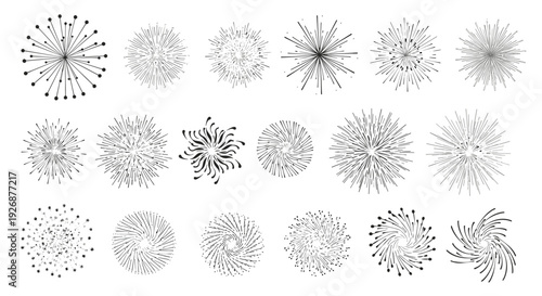 Set of black and white sunburst or firework icons in various styles for festive celebrations and energetic design accents.