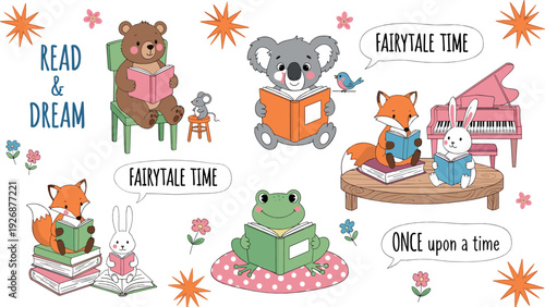 Cute Woodland Animals Reading Books Collection with Bear, Fox, Koala and Frog Fairytale Theme Flat Vector Illustration