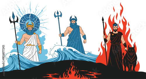 Three powerful Greek gods Zeus Poseidon and Hades standing in their domains of lightning water and fire respectively.
