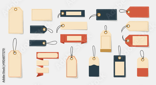Collection of vintage style paper price tags and labels in various shapes and colors with strings isolated on a light background.