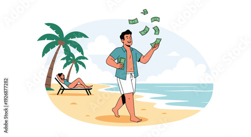 Wealthy man walking on a tropical beach while throwing money into the air as a woman relaxes on a lounge chair nearby.
