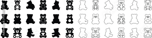 Teddy Bear Icon Set Collection Group Cute Plush Toy Animal Symbols in Flat and Line Style Vector Silhouette Outline Bundle Pack Isolated on transparent Background
