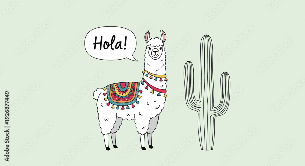 Obraz premium Adorable llama wearing a colorful traditional blanket standing next to a cactus with a speech bubble saying hola in Spanish.