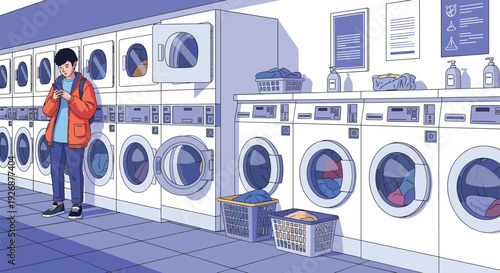 Young man using a smartphone while waiting for his laundry in a modern laundromat with rows of washing machines and dryers.
