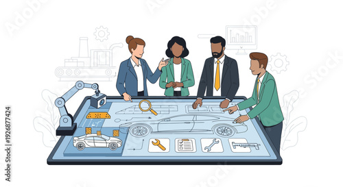 Diverse Team Collaborating on Industrial Project Blueprint.