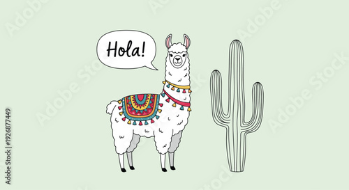 Adorable llama wearing a colorful traditional blanket standing next to a cactus with a speech bubble saying hola in Spanish.