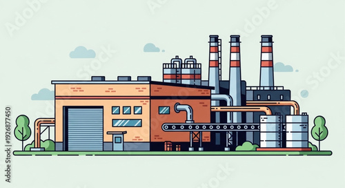Industrial factory illustration with chimneys, pipes, and storage tanks, a modern design.