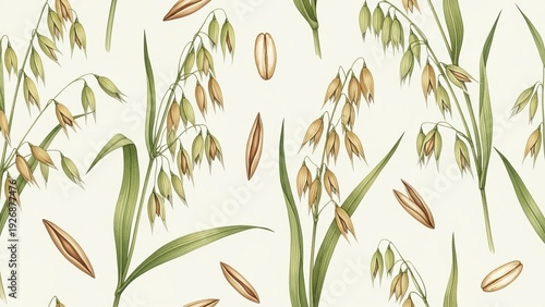 Rice plants with mature grains and leaves in a serene botanical illustration