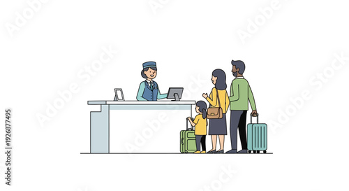 Family checking into hotel with luggage at reception desk.