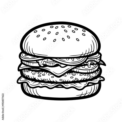 Detailed black and white illustration of a double cheeseburger with sesame seed bun.