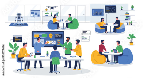 Diverse team collaborating on innovative technology projects in modern office setting.