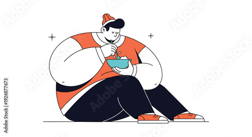 Large man sitting on the floor and eating a meal from a bowl using a spoon in a simplified line art style for lifestyle topics.