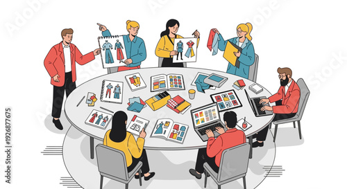 Fashion designers collaborating around a table discussing new clothing designs.