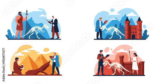 Four scenes depicting archaeologists and explorers discovering dinosaur skeletons and ancient ruins near pyramids and castles.