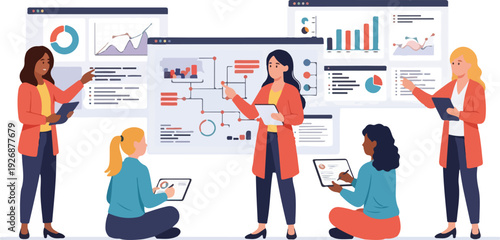 Diverse group of women in data science collaborating on a project with laptops and charts on a large display board in a modern office setting with a professional and analytical mood.