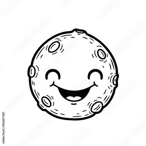 A simple black and white illustration of a smiling moon with craters and a happy face.