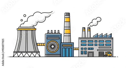 Industrial complex illustration depicting power plant with smoke stacks and cooling tower, generating energy.