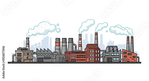 Industrial complex illustration showing factories with smoke stacks and pollution in the air.