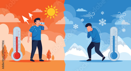 Comparison illustration of a man experiencing extreme heat and extreme cold temperatures with thermometers showing different levels.