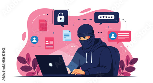 Cybercriminal in a balaclava using a laptop to steal personal data passwords and secure documents in a digital hacking concept.